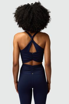 Back at it. A moderate support double-layer bra with rouched details and twist-back wide straps. Made in our 4-way stretch Dream Tech eco-conscious fabrication that is compressive, moisture-wicking, quick-drying, and anti-odor. | Everly Twist Back Bra in Midnight Navy Rainbow Shop, Yoga Activewear, Spiritual Gangster, Midnight Navy, Yoga Inspiration, Wide Straps, Best Sellers, Double Layer, Quick Dry