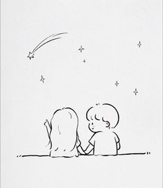 a drawing of two children sitting on the ground looking at stars in the sky above them