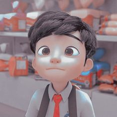 an animated image of a boy in a tie and suspenders looking at the camera