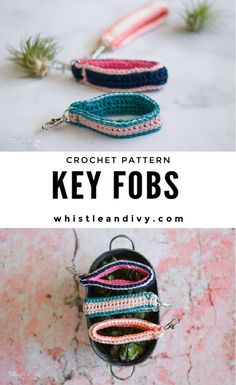 crochet pattern key fobs with text overlay