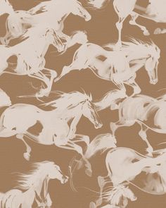 a group of white horses running across a brown background