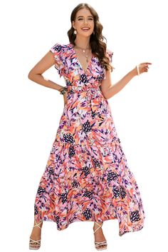 Multicolor Sleeveless Ruffled Lace-up High Waist Floral Maxi Dress Multicolor Ruffle Hem Maxi Dress For Summer, Summer Multicolor Maxi Dress With Ruffle Hem, Summer Multicolor Ruffle Hem Maxi Dress, Multicolor Maxi Dress With Ruffle Hem For Summer, Multicolor Ruffled Maxi Dress For Summer, Multicolor Ruffled Maxi Dress, Multicolor Sleeveless Dress With Ruffles, Multicolor Sleeveless Ruffled Dress For Vacation, Spring Multicolor Sleeveless Dress With Ruffles