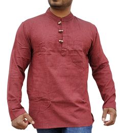 You are viewing full sleeve grandad Shirt/Kurta, with 3 wooden buttons and two pockets for casual, summer, festival,Yoga, beach use. Features :     ✔Material: Cotton/Cotton-Blend     ✔One side pocket and one chest pocket     ✔3 Traditional handmade wooden buttons fitted     ✔High quality fabric     ✔High quality stitching     ✔Use:Casual,Summer,Festival,Yoga,Beach     ✔Wash: dry clean, or gentle washing and drying recommended Casual Long Sleeve Kurta With Pockets, Casual Cotton Kurta With Button Closure, Casual Long Sleeve Cotton Kurta, Casual Long-sleeve Kurta With Pockets, Casual Red Cotton Kurta, Casual Brown Long Sleeve Kurta, Casual Long Sleeve Brown Kurta, Summer Festival, Summer Beach Wear