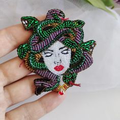 Medusa Gorgon brooch, halloween jewelry for women, handmade - Inspire Uplift Halloween Brooch Jewelry Gift, Halloween Gift Jewelry Brooch, Novelty Brooch Jewelry Gift, Handmade Brooches For Halloween Gift, Artistic Green Brooches For Gifts, Artistic Green Brooch For Gift, Unique Handmade Black Brooches, Unique Handmade Green Brooches, Unique Green Brooches As Gifts