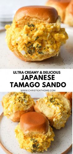 an image of some food that is on a plate with the words, ultra creamy and delicious japanese tamago sando