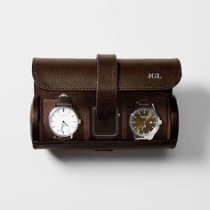 Keep your favorite watches safe and protected at home or away with this functional watch roll. This portable case is thoughtfully designed to fit three watches on a padded removable cushion and features a micro suede lining, a double snap closure and a hidden compartment inside for cufflinks or collar stays. Add a foil debossed monogram for a personal touch.    6.75"w x 3"h  Polyurethane exterior with a micro suede lining.  Fits 3 watches.  Please see Product Information for more details.  Clean Watch Safes, Watch Roll, Mark And Graham, Collar Stays, Personalised Gifts For Him, Personalized Wallet, Travel Jewelry, Business Gifts, Jewelry Organization