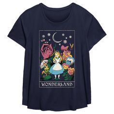 Hop down the rabbit hole and through Tulgey Wood to find your favorite officially licensed style from Disney's Alice In Wonderland Dinah and Alice Flower Crown Women's Plus Size Scoop Hem T-Shirt! This unique tee features a tarot-style graphic of Alice in the middle of a flower field with the word: "Wonderland" printed below. You'll be "Mad as a Hatter" if you skip out on this apparel, so grab one for your little one today! Disney Themed Short Sleeve T-shirt, Blue Short Sleeve Themed Tops, Theme Park Graphic Print Crew Neck T-shirt, Graphic Print Crew Neck T-shirt For Theme Park, Disney Graphic Print Tops For Fan Merchandise, Themed Blue Tops For Fan Merchandise, Themed Short Sleeve Tops With Screen Print, Blue Themed Fan Merchandise Tops, Character Print Short Sleeve Tops For Theme Park