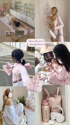 the collage shows two women in pink outfits