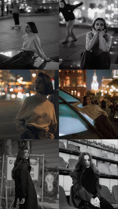 black and white photos of women in the city at night