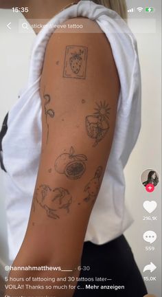 a woman with a tattoo on her arm that has fruit and vegetables drawn on it