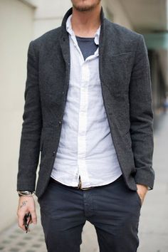 Charcoal Blazer, Mode Casual, White Long Sleeve Shirt, John Varvatos, Well Dressed