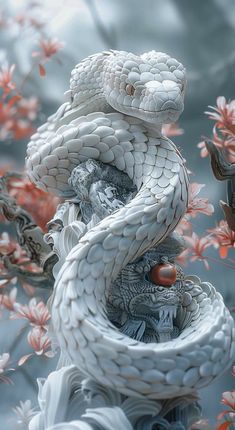 a white snake is curled up in the middle of some red and pink flowers on a gray background