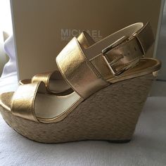 Michael Kors Poesy Espadrille Wedge Sandal Size 7 1/2 M Brand New 4 1/2 Heel Platform Wedge With Gold Buckle And Adjustable Straps. Gold Plate On Back Of Sandal “Michael Kors” Sharp Looking !! Bought For A Wedding And Then I Had A Change Of Outfits. Chic Gold Open Toe Espadrilles, Michael Kors Platform Wedge Sandals For Summer, Michael Kors Wedge Heel Sandals For Summer, Michael Kors Summer Wedge Heel Sandals, Michael Kors Platform Wedge Sandals For Beach, Michael Kors Wedge Heel Sandals For Spring, Michael Kors Open Toe Wedge Sandals For Summer, Michael Kors Summer Wedge Sandals, Michael Kors Summer Wedge Sandals For Beach