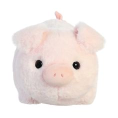 a white stuffed pig with black eyes and nose is shown in front of a white background