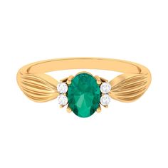 Oval Emerald Solitaire Engagement Ring with Diamond Accent Emerald - ( AAA ) - Quality - Rosec Jewels Emerald Solitaire Engagement Ring, Ring With Diamond, 18k Yellow Gold Ring, Round Rings, Green Emerald, Lush Green, Solitaire Engagement, Solitaire Engagement Ring, Yellow Gold Rings