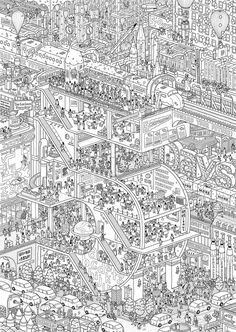 a black and white drawing of a city with lots of buildings, cars and people