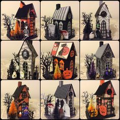 a series of photos showing different houses decorated for halloween