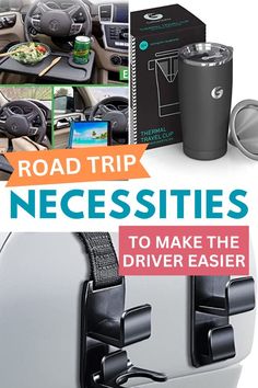 the road trip necessities to make the driver easier are shown in this collage