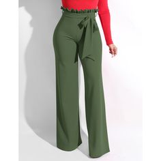 Army Green Ruffle Hem Straight Leg Casual Pants Chic Wide Leg Pants With Ruffles For Spring, Chic Spring Wide Leg Pants With Ruffles, Green High-waist Ruffled Bottoms, High-waist Green Ruffled Bottoms, Chic Ruffled Solid Color Bottoms, Chic Green Ruffled Bottoms, Chic Green Bottoms With Ruffles, Chic Solid Bottoms With Ruffles, Elegant Green Ruffled Bottoms