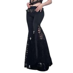 Teonclothingshop Goth Mall wide leg lace pants Hippie Festival Outfit, Gothic Pants, Black Flare Pants, Lace Pants, Grunge Streetwear, High Waisted Flares, Lace Patchwork, Streetwear Y2k, Flare Leggings