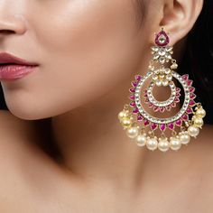 Pink And White Chand Baali Earrings Riana by Shikha Jindal - Fabilicious Fashion Diamond Danglers, Gold Earrings Indian, Traditional Indian Jewellery, Cloth Store, Dangler Earrings, Indian Wedding Wear, Semi Precious Jewelry, Diamond Dangle Earrings, Indian Earrings