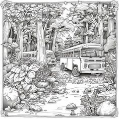 a black and white drawing of a bus parked in the middle of a forest with rocks