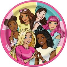 a pink paper plate with barbie dolls on the front and sides, all in different colors