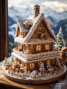 a gingerbread house with lights in the windowsill and snow covered mountains behind it