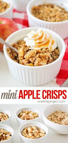 mini apple crispes in white bowls with apples and cinnamon on the side, topped with whipped cream