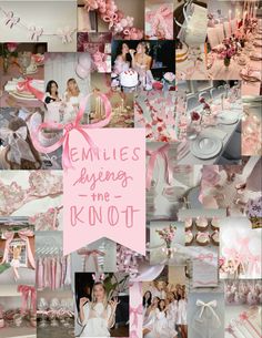 a collage of photos with pink and white items on them, including dresses, shoes, hats, and decorations