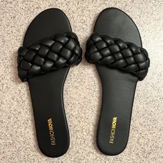 Brand New Never Worn Fashion Nova Slip On Sandals With Braided Design. Shiny Black Size 11 Casual Sandals For A Night Out, Synthetic Slip-on Sandals For Night Out, Flat Heel Synthetic Sandals For Night Out, Spring Flat Heel Sandals For Night Out, Synthetic Flat Heel Sandals For Night Out, Casual Sandals For Spring Night Out, Casual Sandals For Night Out In Spring, Casual Sandals With Round Toe For Night Out, Trendy Flat Sandals For Night Out