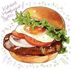 a drawing of a burger with lettuce, tomato and cheese on the bun