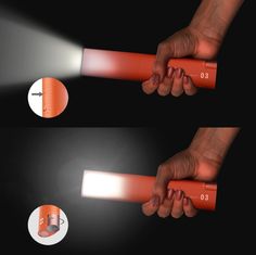 a hand holding an orange object with light coming from the top and below it, in three different positions