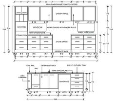 an architectural drawing shows the kitchen cabinets and cupboards, as well as measurements for each cabinet