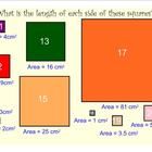 the area and perimeters are labeled in different colors, shapes, and sizes for each square