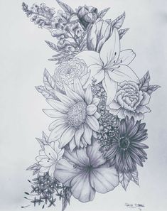 a pencil drawing of flowers on a white paper with watermarked image in the bottom right corner