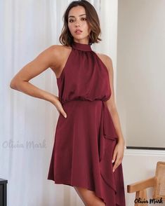 OliviaMark - Elegant Satin Halterneck Dress with Irregular Band - Perfect for Parties, Miniskirt Sister Dress or Evening Gown Birthday Dress Women, Sisters Dress, Mid Skirt, Dress Sleeve Length, Party Kleidung, Party Skirt, Pink Dark, Sling Dress, Party Dress Short