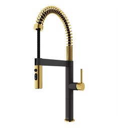 a black and gold faucet with the handle extended to it's spout