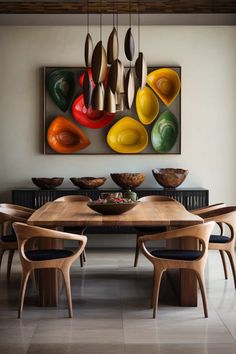 a dining room table and chairs in front of a wall with art on the wall