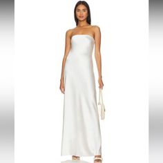 This Is A Size 6 Silk Dress. It Ties In The Back So The Sizing Could Be Very Flexible. It Would Be Gorgeous For A Formal Event Or Even A Casual Wedding Strapless Fitted Maxi Dress For Daywear, Classic White Dress For Date Night, White Satin Dress For Daywear, White Satin Daywear Dress, Silky Maxi Dress, Strapless Denim Dress, Strapless Midi Dress, Silky Dress, Denim Mini Dress