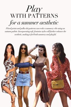 Showing the use of patterns to give a warm summery vibe on those with a warm undertones. Using soft feminine styles will further enhance the aesthetic Kibbe Romantic, Colour Combinations Fashion, Instagram Autumn, Seasonal Color Analysis, Dark Autumn