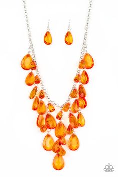 Glassy orange teardrops and glassy orange beads swing from the bottom of a shimmery silver chain. Matching beads trickle down free-falling chains, creating a glamorous fringe below the collar. Features an adjustable clasp closure. Accessories Necklaces, Pink Jewels, Orange Necklace, Nickel Free Jewelry, Teardrop Beads, Paparazzi Accessories, Exclusive Jewelry, Paparazzi Jewelry, Red Bead