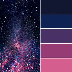 the color scheme is blue, pink and purple with stars in the sky above it