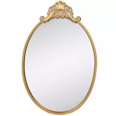 an oval mirror with gold trimmings and ornate detailing on the edge, against a white background