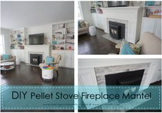 the fireplace mantel has been painted white and is surrounded by bookshelves with pictures on them