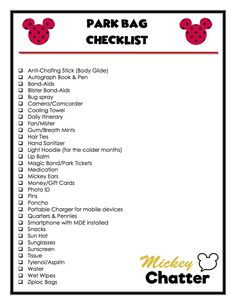 the mickey mouse park bag checklist is shown in black and white with red polka dots