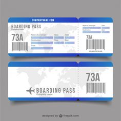 two boarding pass with world map and barcodes on the front, and blue border