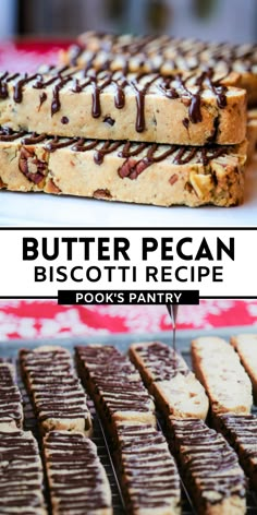 butter pecan biscotti recipe with chocolate drizzled on top and in the middle