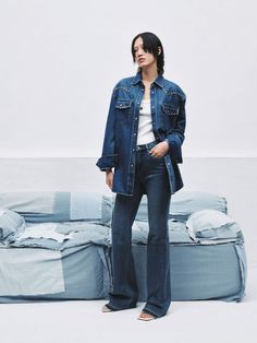 MO&Co. Women's Blue Oversized Fit Zircon Detail Denim Jacket Hot Fix, Denim Details, Mesh Bag, Polished Look, Snap Button, Straight Jeans, Pure Cotton, Denim Jacket, Straight Leg