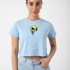 Spring Cotton Tops With Character Print, Kawaii Cotton Tops With Character Print, Kawaii Cotton Tops, Trendy Cotton Tops With Character Print, Cute Cotton Crop Top With Short Sleeves, Playful Cotton Crop Top, Blue Kawaii Cotton Tops, Blue Cotton Kawaii Tops, Powerpuff Girls Bubbles